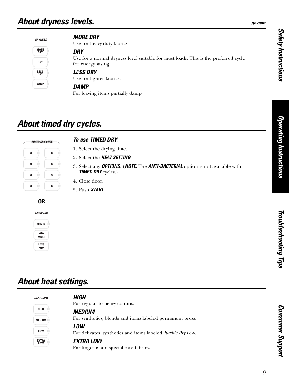 Dryness levels, Heat settings, Timed dry cycles | Dryness levels heat settings, About dryness levels, About timed dry cycles, About heat settings | GE DPSB613 User Manual | Page 9 / 24