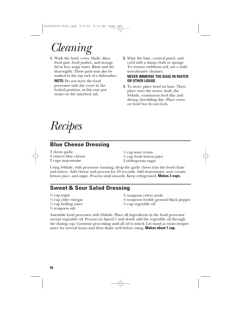 Cleaning, Recipes, Blue cheese dressing | Sweet & sour salad dressing | GE 840092600 User Manual | Page 10 / 36