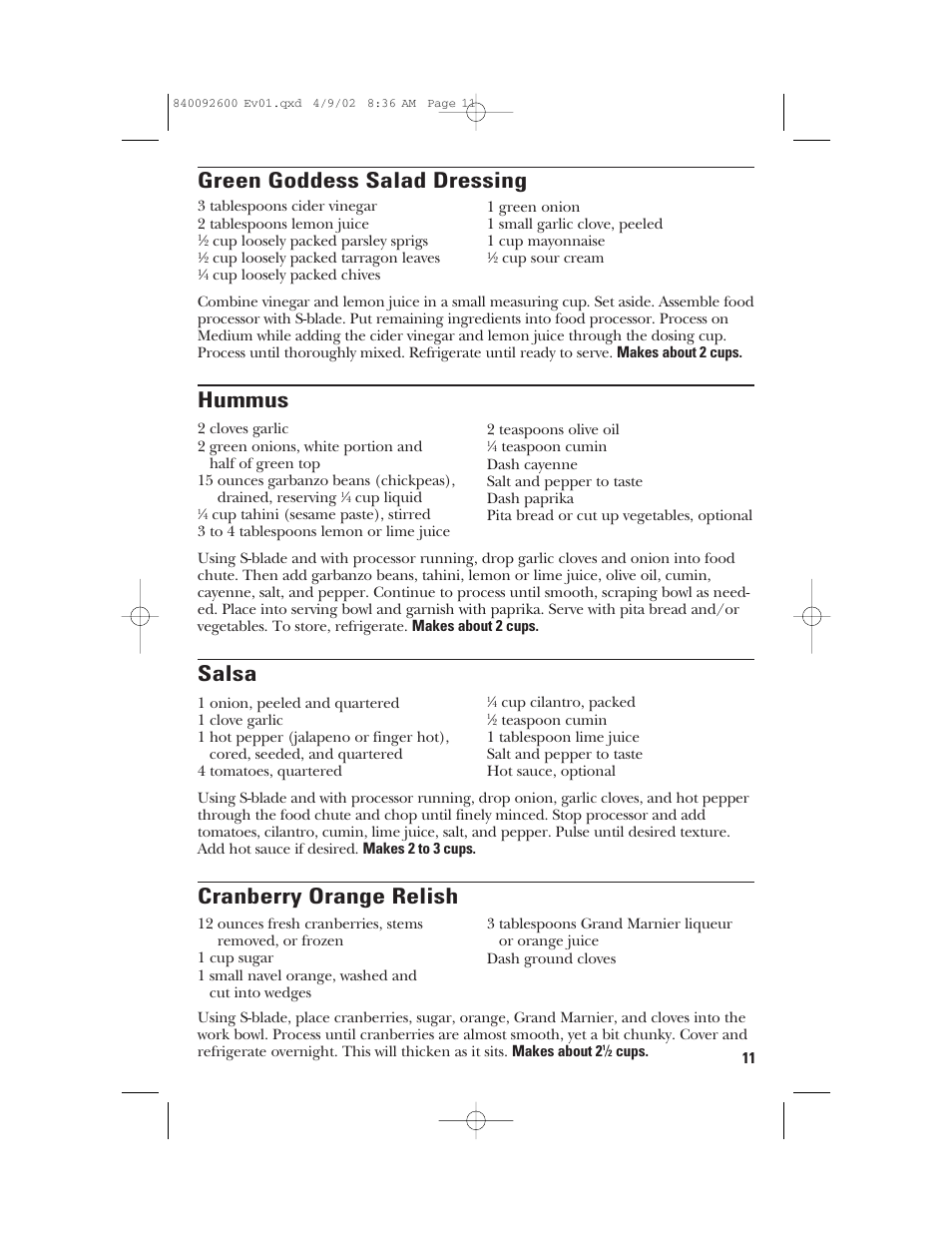 Green goddess salad dressing, Hummus, Salsa | Cranberry orange relish | GE 840092600 User Manual | Page 11 / 36