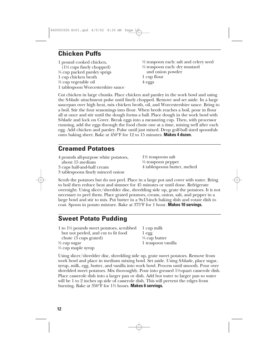 Chicken puffs, Creamed potatoes, Sweet potato pudding | GE 840092600 User Manual | Page 12 / 36