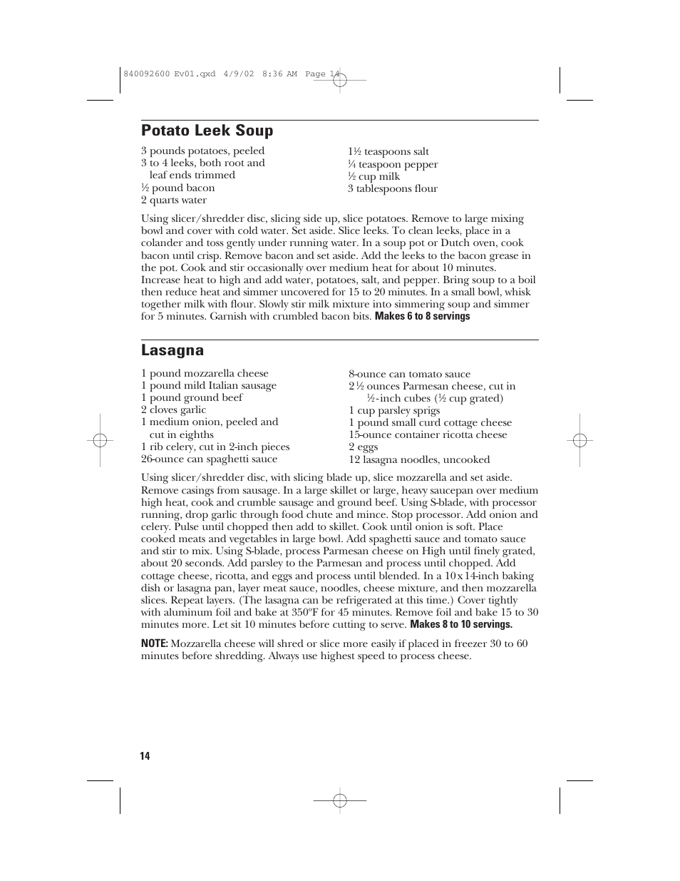Potato leek soup, Lasagna | GE 840092600 User Manual | Page 14 / 36