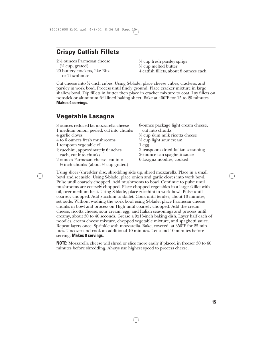 Crispy catfish fillets, Vegetable lasagna | GE 840092600 User Manual | Page 15 / 36