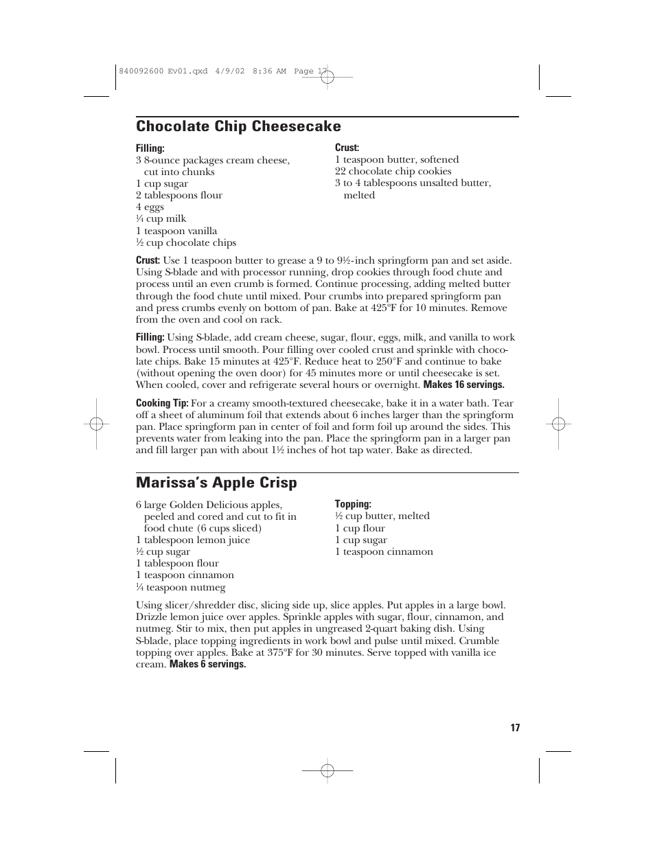 Chocolate chip cheesecake, Marissa’s apple crisp | GE 840092600 User Manual | Page 17 / 36