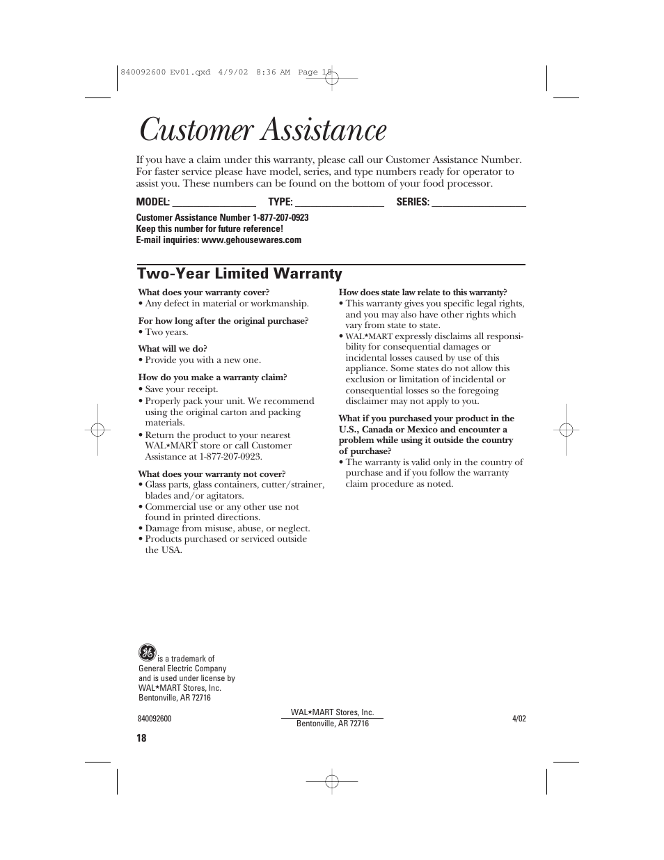Customer assistance, Two-year limited warranty | GE 840092600 User Manual | Page 18 / 36