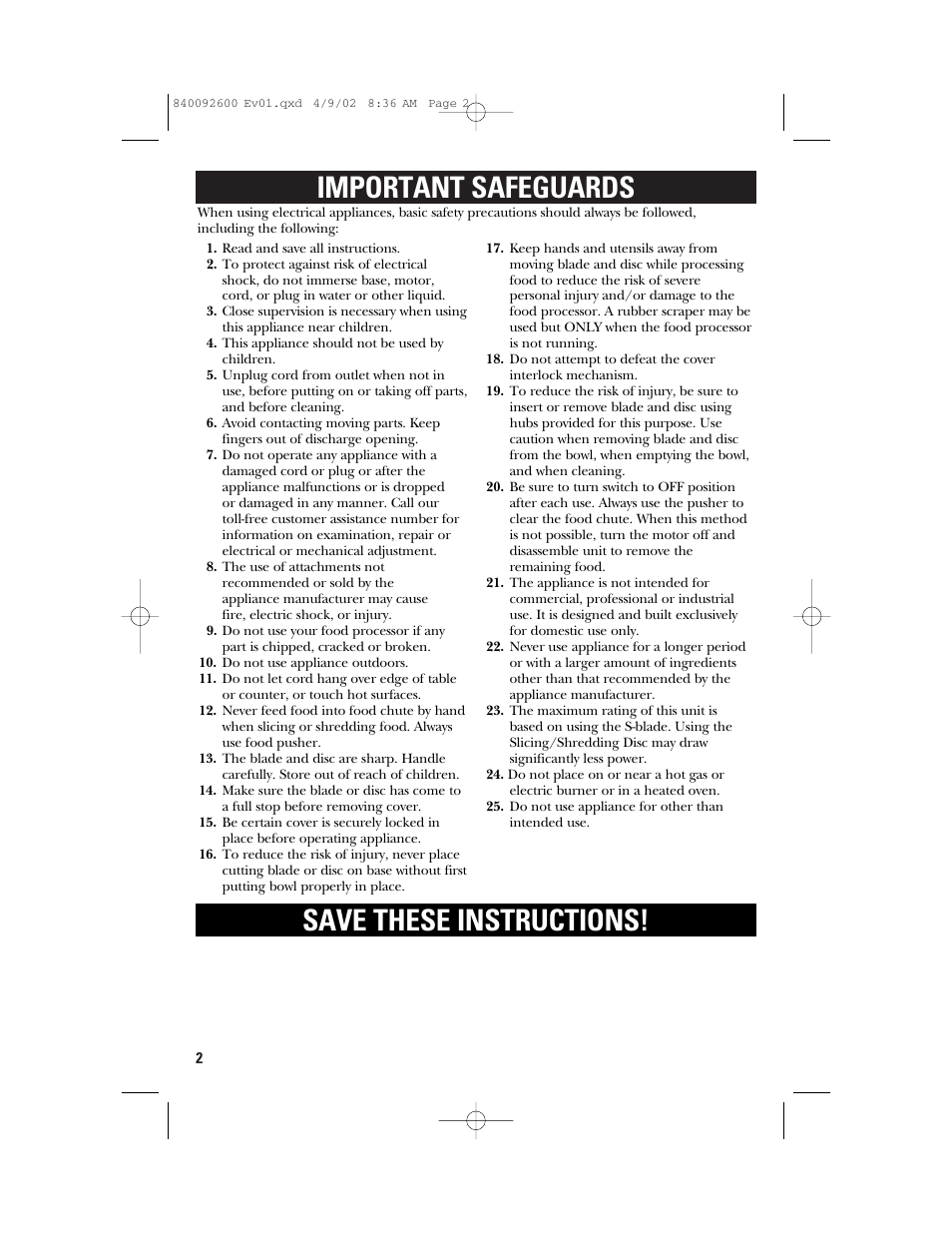 Important safeguards save these instructions | GE 840092600 User Manual | Page 2 / 36