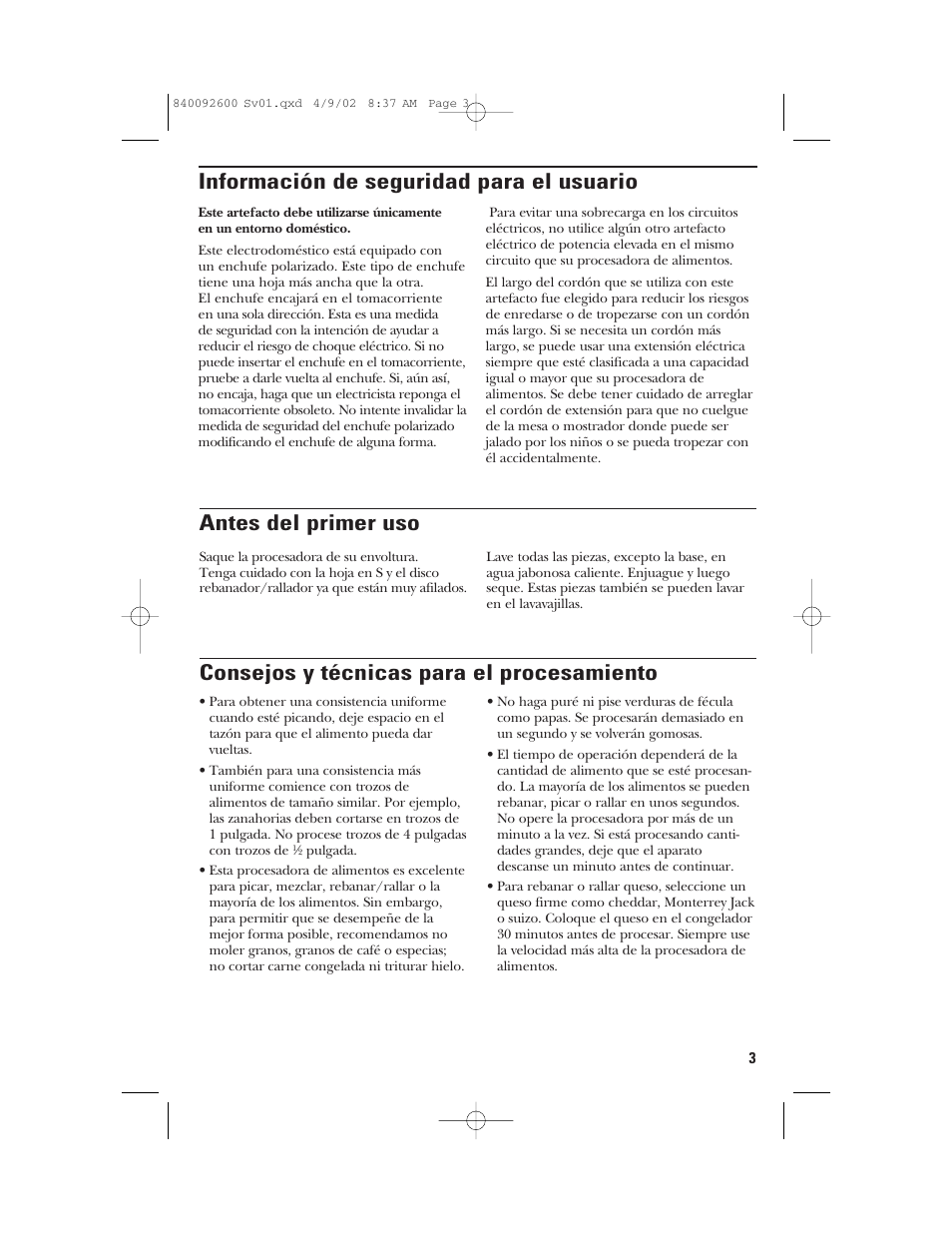 Información de seguridad para el usuario, Antes del primer uso, Consejos y técnicas para el procesamiento | GE 840092600 User Manual | Page 21 / 36