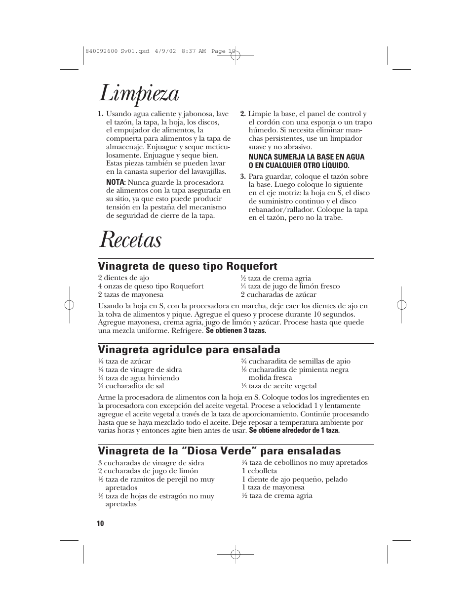Limpieza, Recetas, Vinagreta de queso tipo roquefort | Vinagreta agridulce para ensalada, Vinagreta de la “diosa verde” para ensaladas | GE 840092600 User Manual | Page 28 / 36