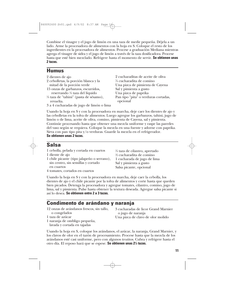 Humus, Salsa, Condimento de arándano y naranja | GE 840092600 User Manual | Page 29 / 36