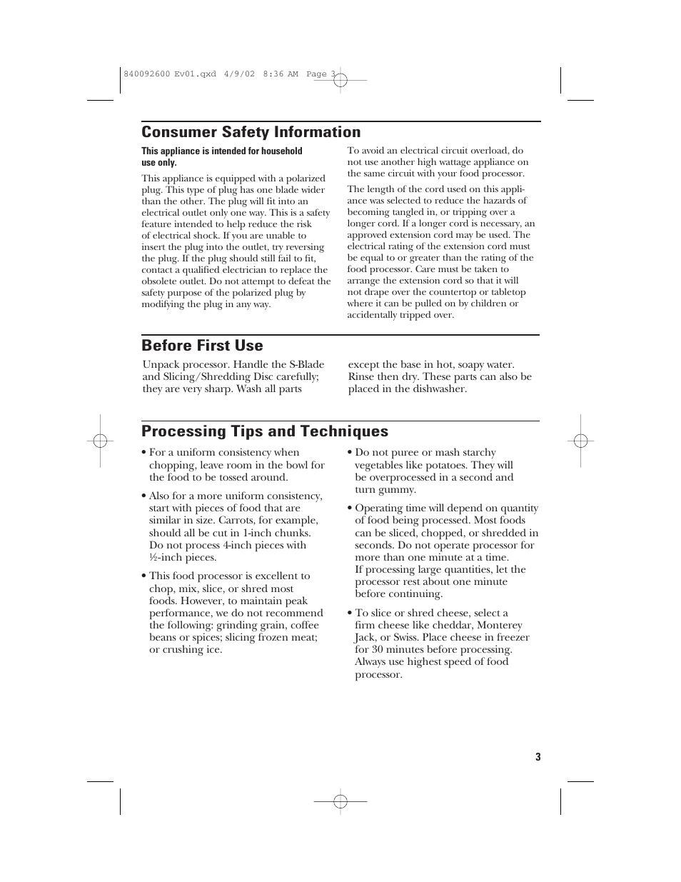 Consumer safety information, Before first use, Processing tips and techniques | GE 840092600 User Manual | Page 3 / 36
