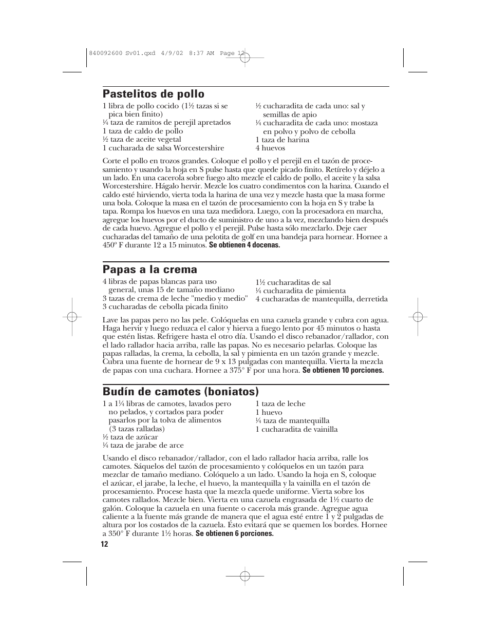 Pastelitos de pollo, Papas a la crema, Budín de camotes (boniatos) | GE 840092600 User Manual | Page 30 / 36