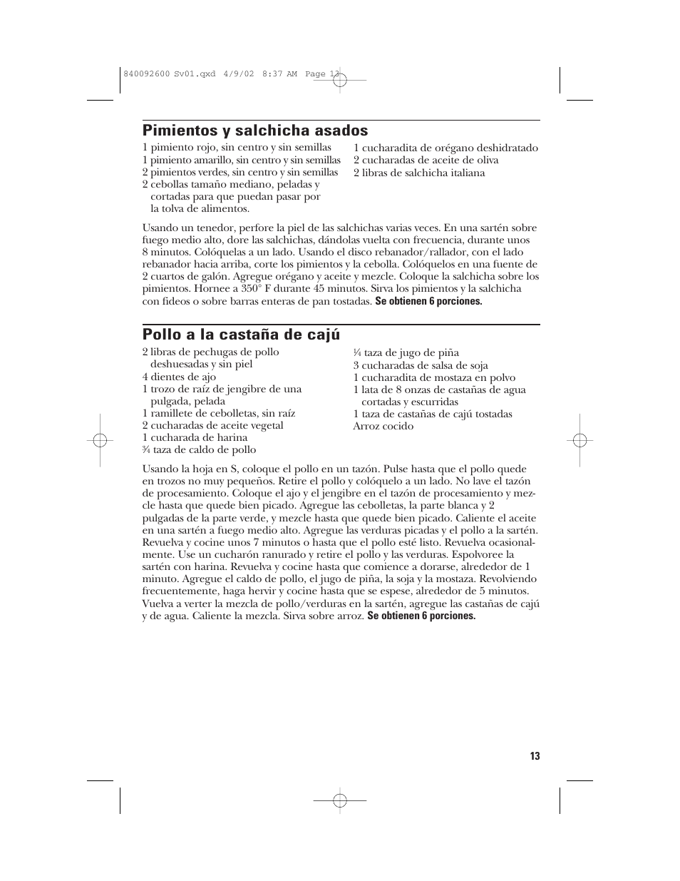Pimientos y salchicha asados, Pollo a la castaña de cajú | GE 840092600 User Manual | Page 31 / 36