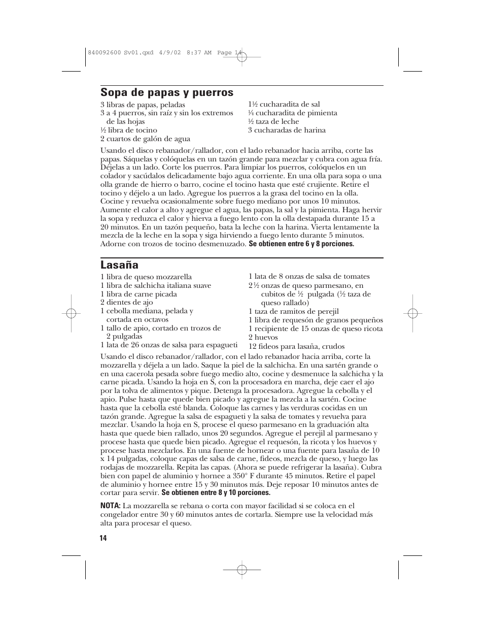 Sopa de papas y puerros, Lasaña | GE 840092600 User Manual | Page 32 / 36