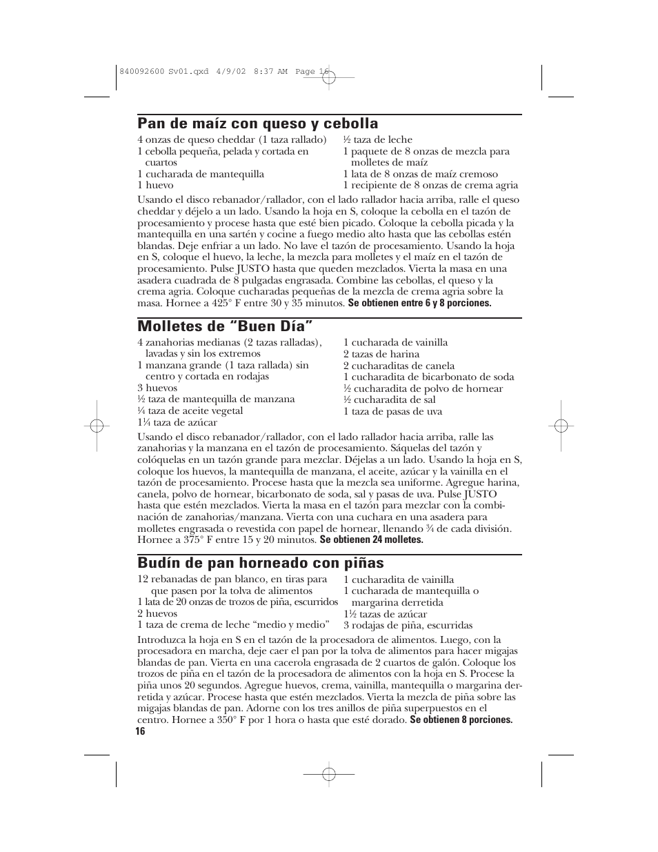 Pan de maíz con queso y cebolla, Molletes de “buen día, Budín de pan horneado con piñas | GE 840092600 User Manual | Page 34 / 36
