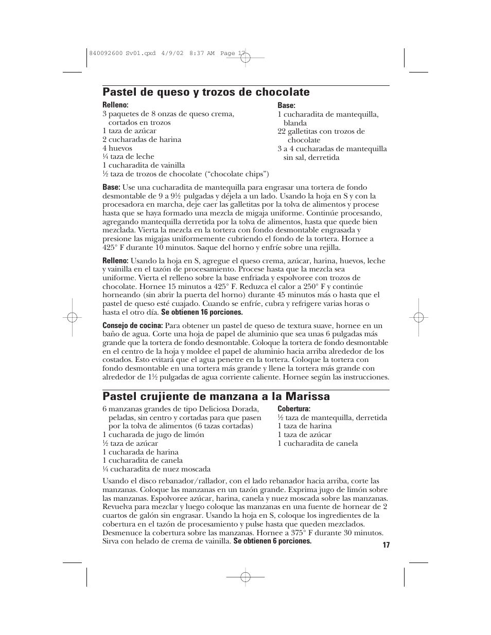 Pastel de queso y trozos de chocolate, Pastel crujiente de manzana a la marissa | GE 840092600 User Manual | Page 35 / 36