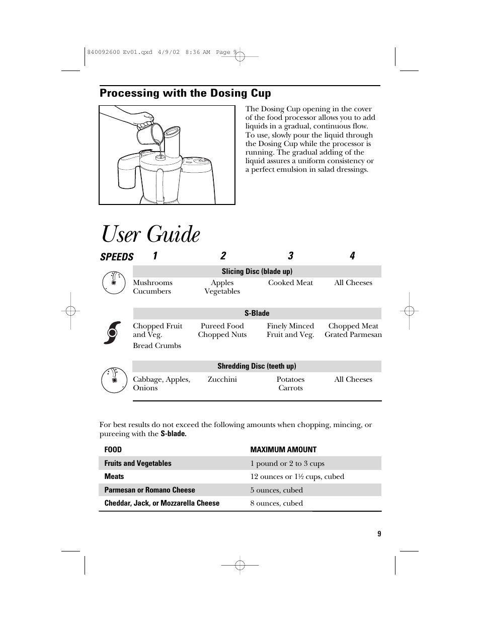 User guide, Processing with the dosing cup, Speeds | GE 840092600 User Manual | Page 9 / 36