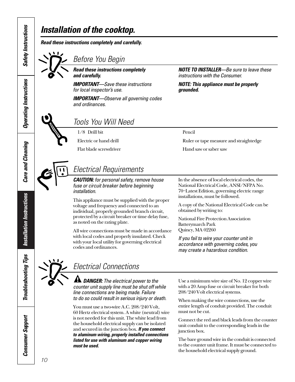 Electrical connections, Electrical requirements, Tools you will need | Installation of the cooktop, Before you begin | GE JP200 User Manual | Page 10 / 16