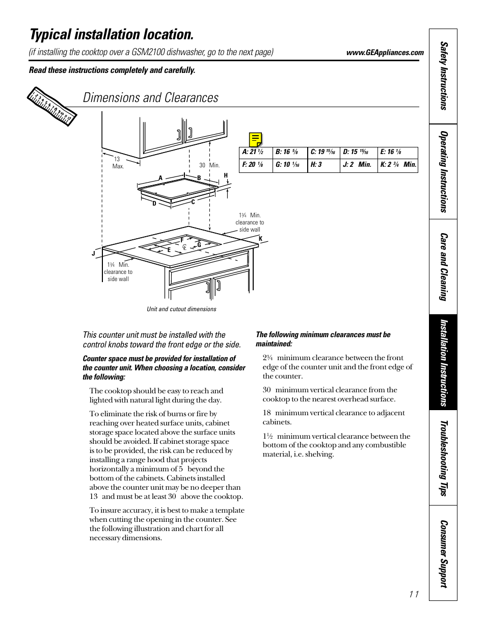 Typical location, Typical installation location, Dimensions and clearances | Read these instructions completely and carefully | GE JP200 User Manual | Page 11 / 16