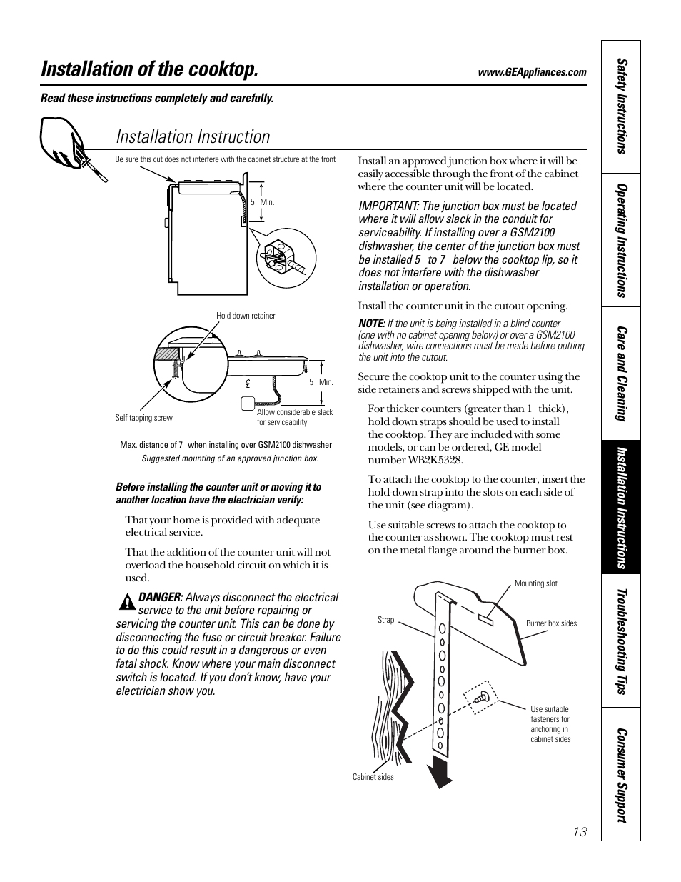 Installation of the cooktop, Installation instruction | GE JP200 User Manual | Page 13 / 16
