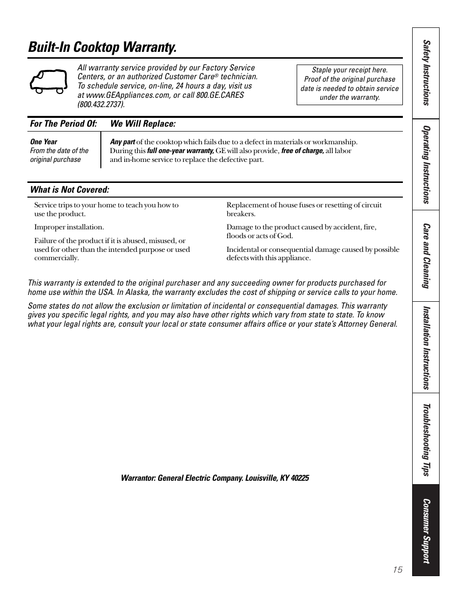 Warranty, Built-in cooktop warranty | GE JP200 User Manual | Page 15 / 16