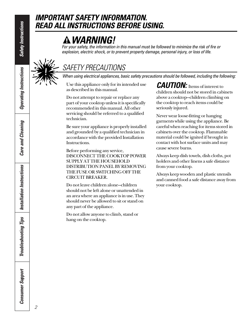Safety information, Warning, Caution | Safety precautions | GE JP200 User Manual | Page 2 / 16
