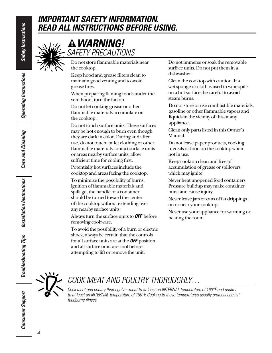 Warning, Safety precautions, Cook meat and poultry thoroughly | GE JP200 User Manual | Page 4 / 16