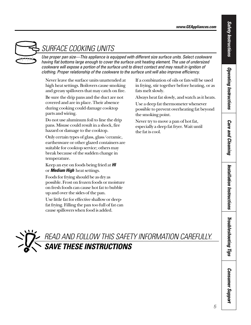 Surface cooking units | GE JP200 User Manual | Page 5 / 16