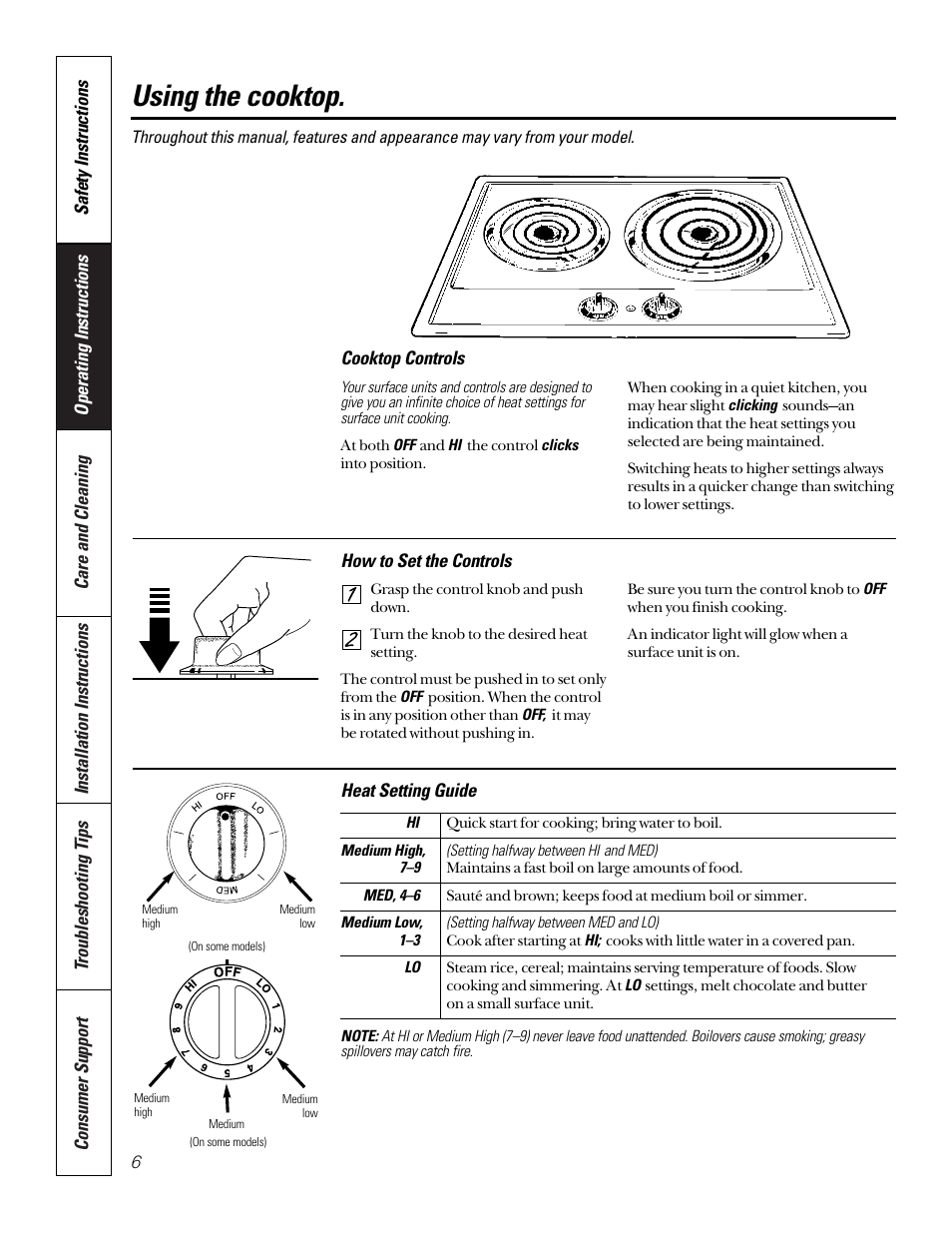 Surface units, Using the cooktop | GE JP200 User Manual | Page 6 / 16