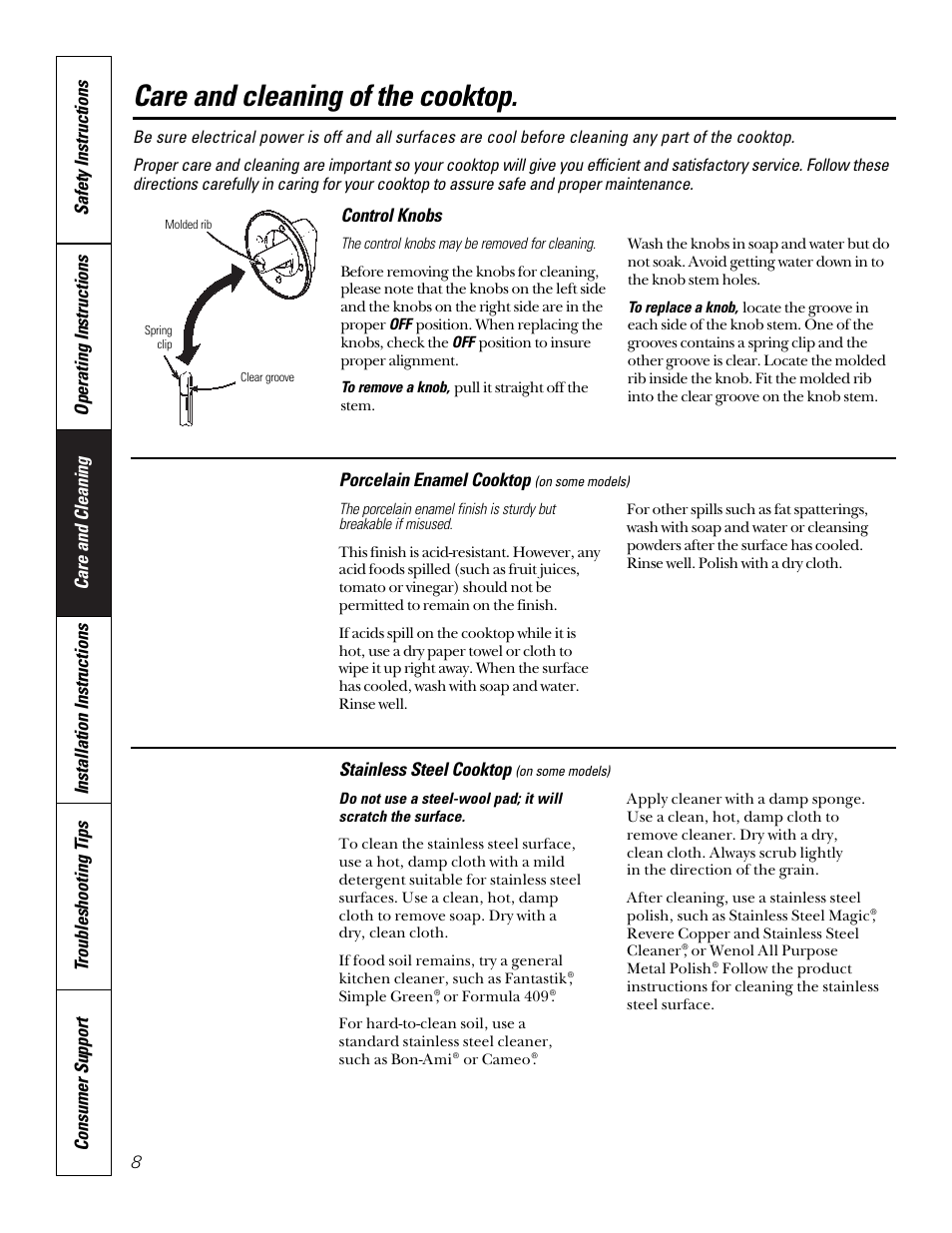 Control knobs, Porcelain enamel cooktop, Stainless steel cooktop | Care and cleaning of the cooktop | GE JP200 User Manual | Page 8 / 16