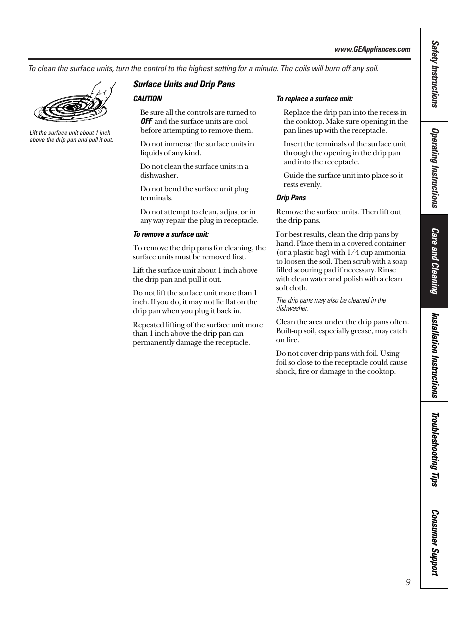 Surface units and drip pans | GE JP200 User Manual | Page 9 / 16