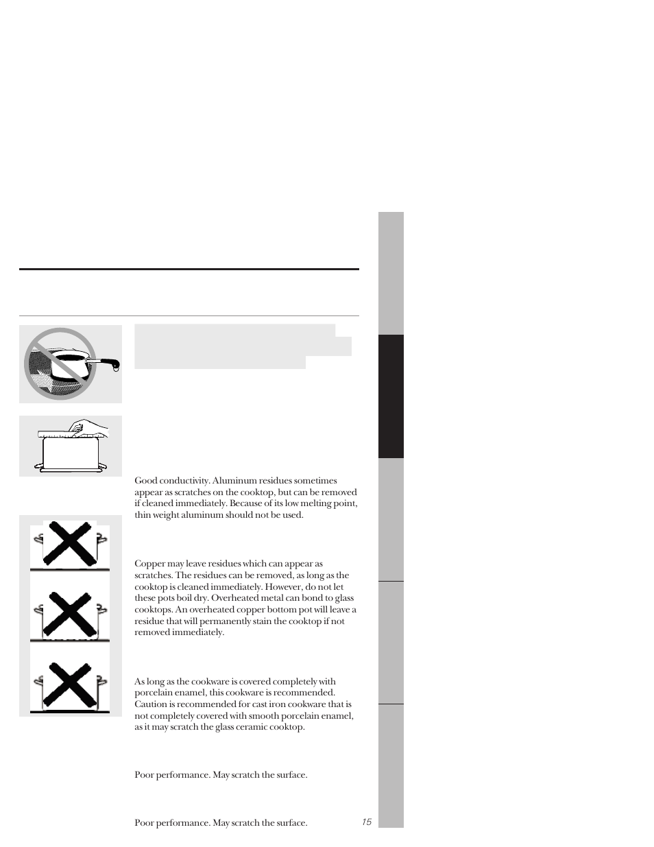 Selecting types of cookware | GE 164D3333P171 User Manual | Page 15 / 60