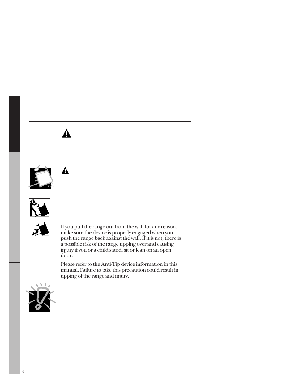 Safety information, Anti-tip device, Safety information anti-tip device | Warning, Warning anti-tip device important safety notice | GE 164D3333P171 User Manual | Page 4 / 60