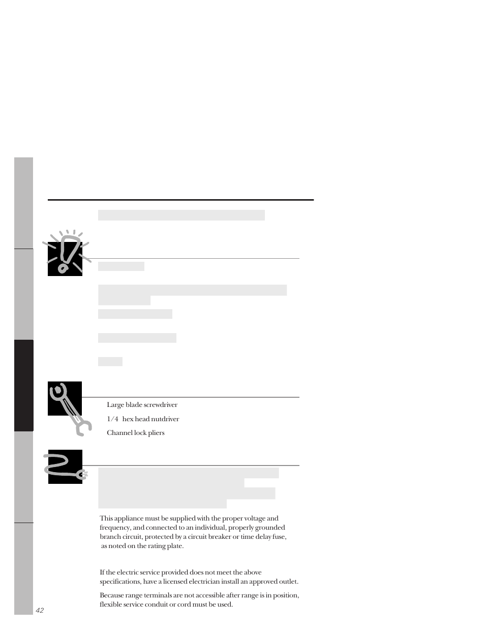 Installation instructions, Before you begin, Installation of the range | Tools you will need electrical requirements | GE 164D3333P171 User Manual | Page 42 / 60