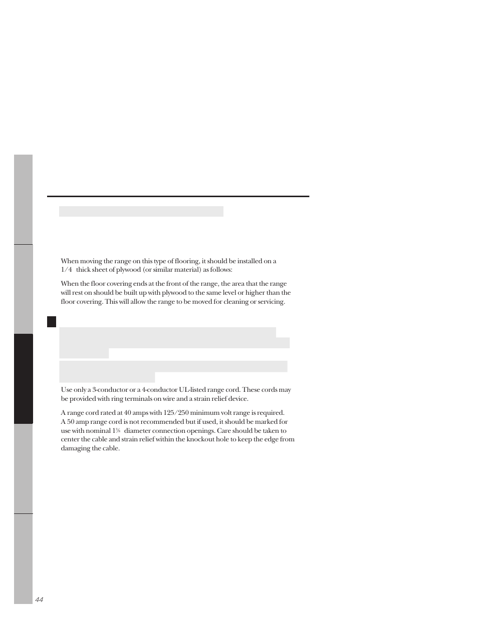 Flooring, Electrical connection, Flooring electrical connection –49 | Installation of the range | GE 164D3333P171 User Manual | Page 44 / 60