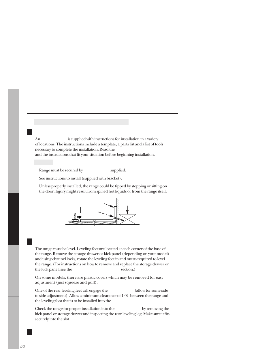Anti-tip bracket, Leveling, Anti-tip bracket leveling | Installation of the range | GE 164D3333P171 User Manual | Page 50 / 60