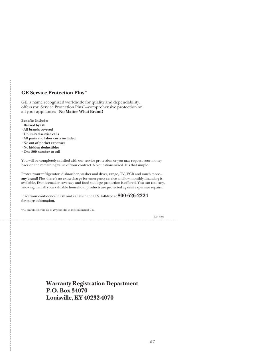 Customer service, Product registration, General electric company | We’ll cover any appliance. anywhere. anytime, Ge service protection plus | GE 164D3333P171 User Manual | Page 57 / 60