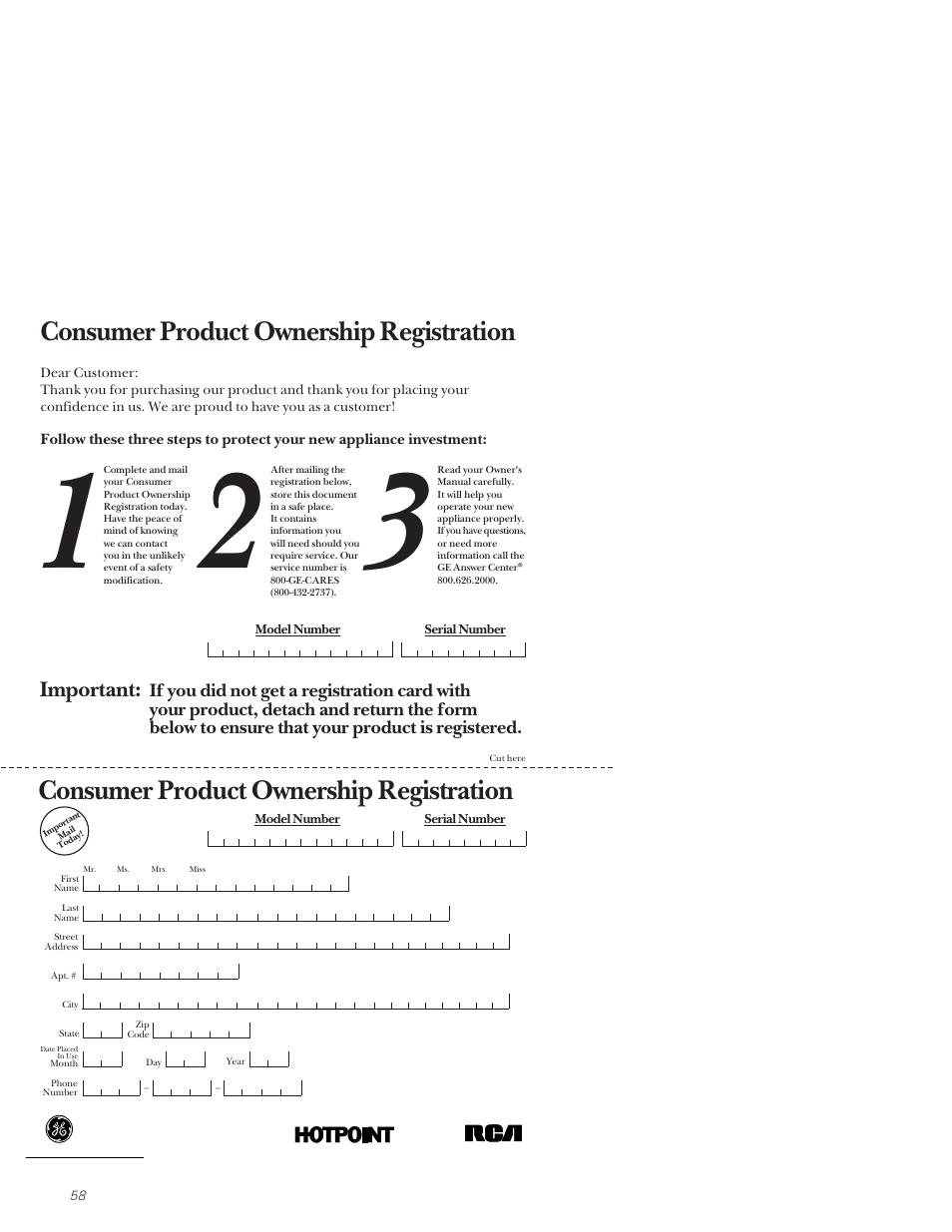 Consumer product ownership registration, Important | GE 164D3333P171 User Manual | Page 58 / 60