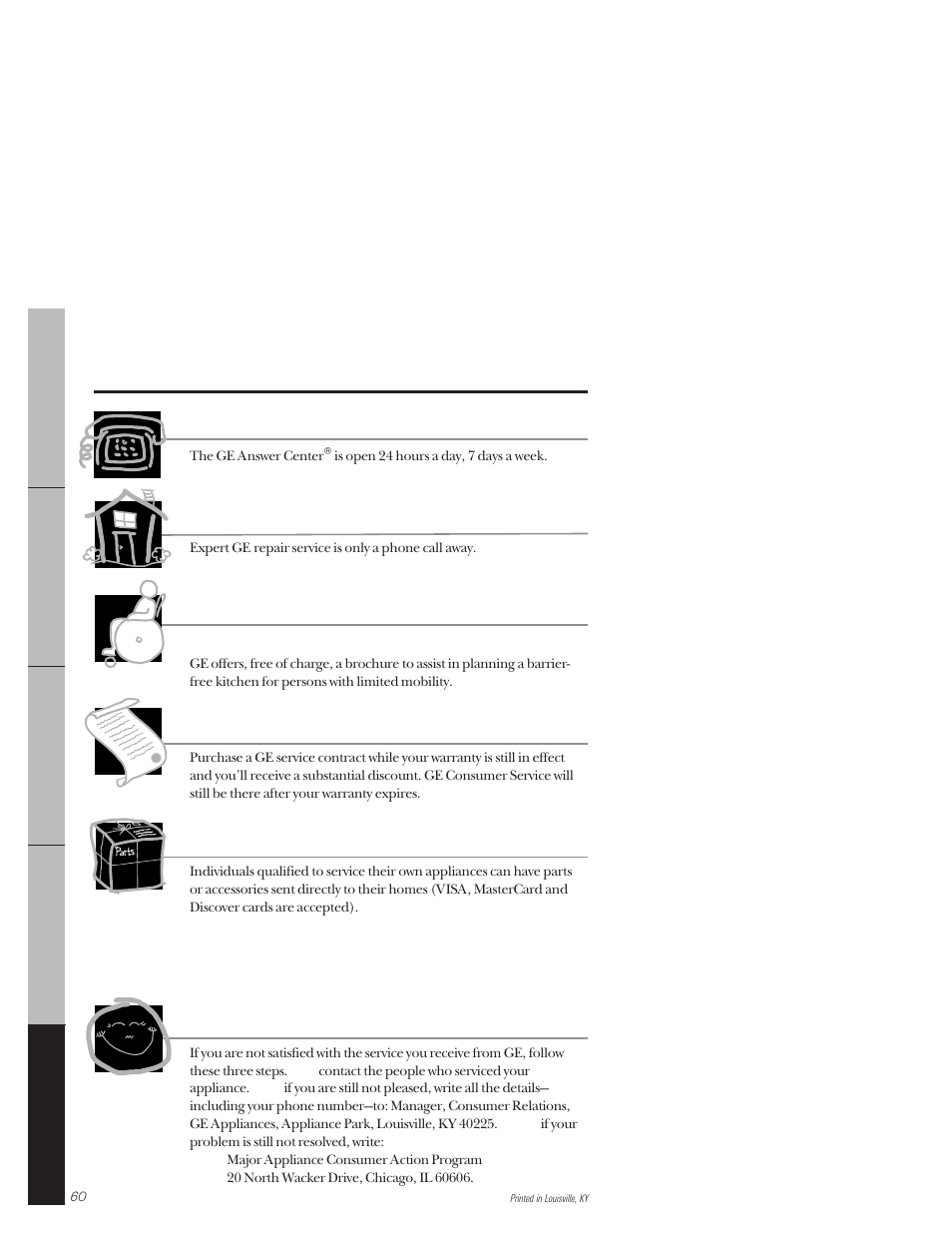 Service telephone numbers, Customer service, Ge answer center | In-home repair service, Special needs service, Service contracts, Parts and accessories, Service satisfaction | GE 164D3333P171 User Manual | Page 60 / 60