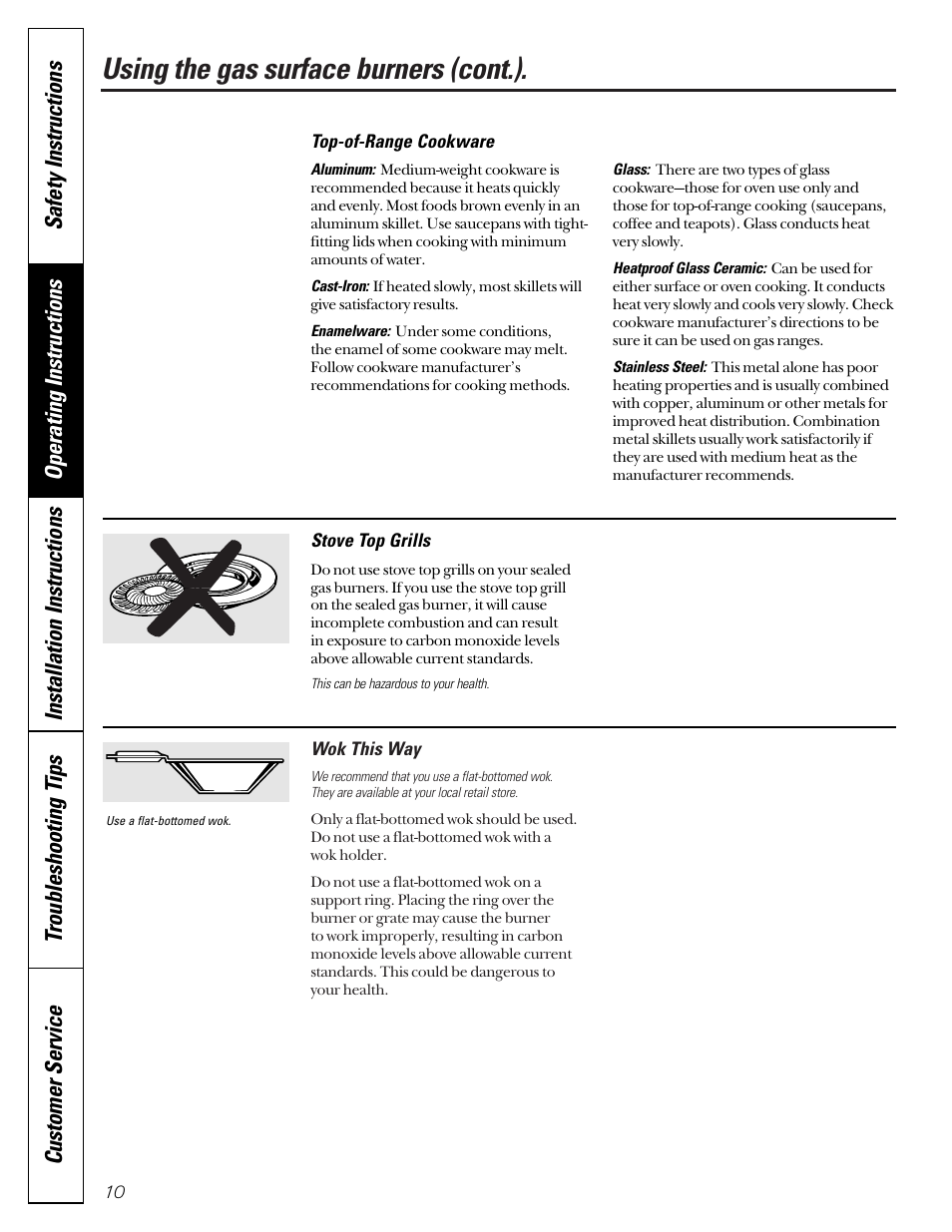 Using the gas surface burners (cont.), Operating instructions | GE JGB910 User Manual | Page 10 / 60