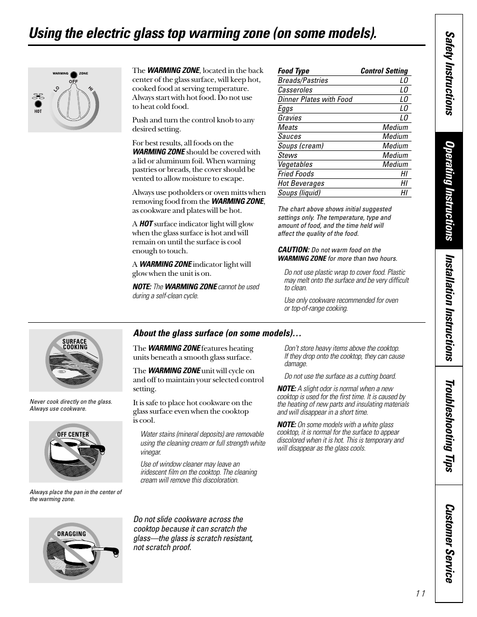 Electric glass top warming zone, Electric glass top, Warming zone | About the glass surface (on some models) | GE JGB910 User Manual | Page 11 / 60