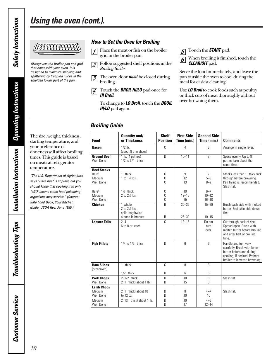Broiling, broiling guide, Using the oven (cont.), Broiling guide | How to set the oven for broiling | GE JGB910 User Manual | Page 18 / 60