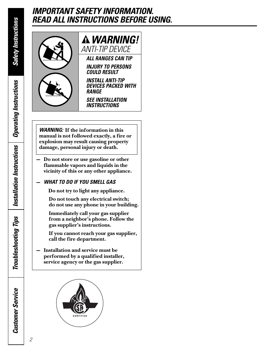 Safety instructions, Warning, Anti-tip device | GE JGB910 User Manual | Page 2 / 60