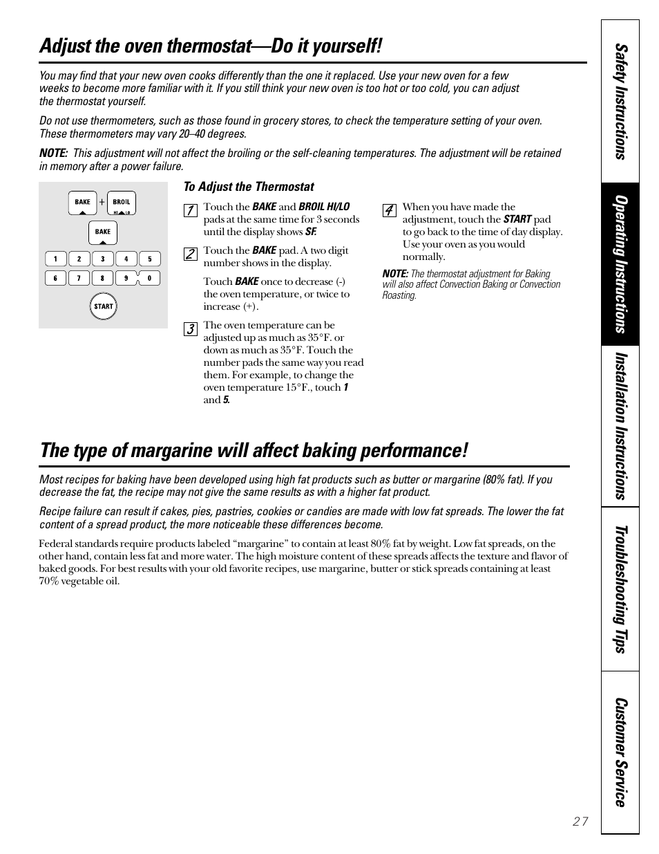 Type of margarine, Thermostat adjustment-do it yourself, Thermostat adjustment | Do it yourself, Adjust the oven thermostat—do it yourself | GE JGB910 User Manual | Page 27 / 60
