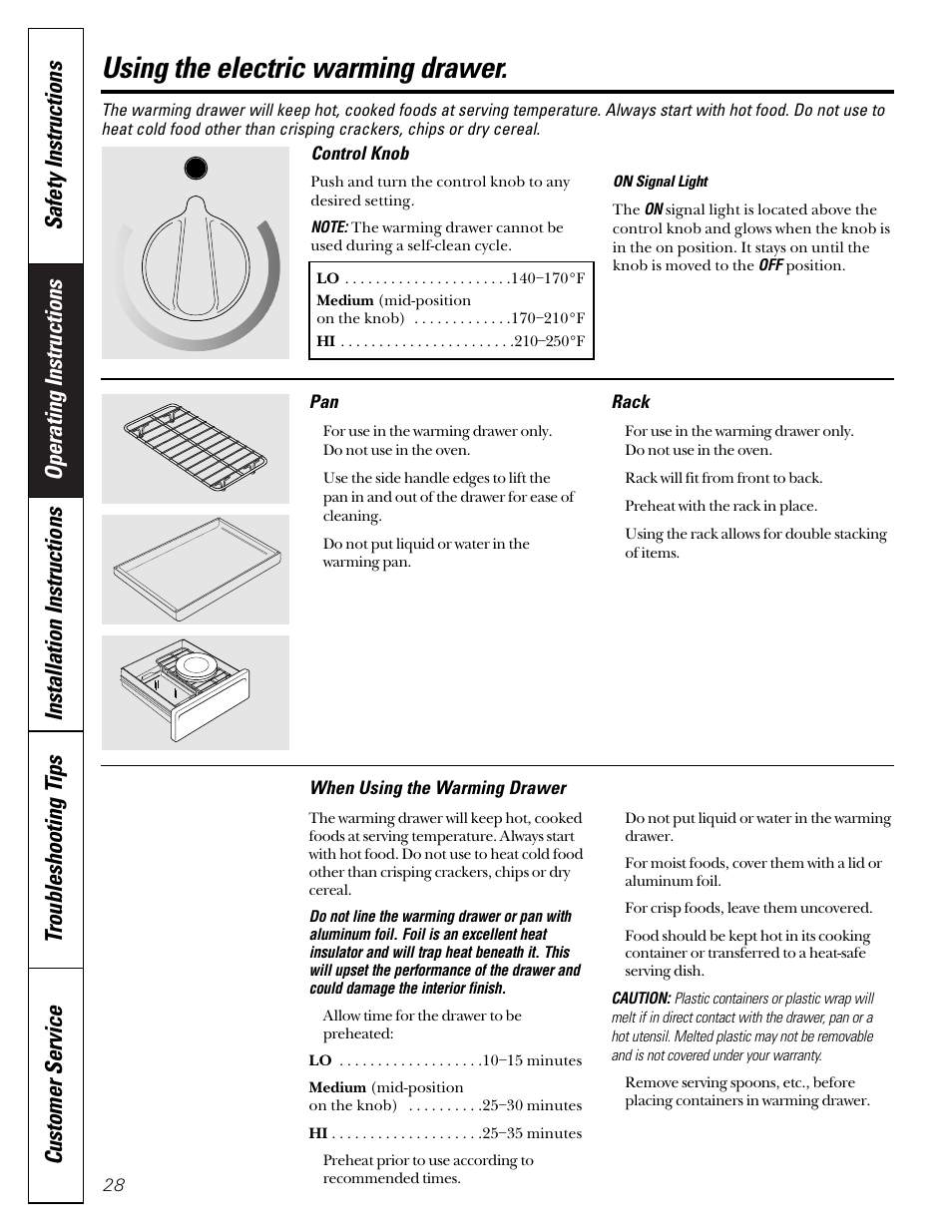 Electric warming drawer, Electric warming drawer –29, Using the electric warming drawer | GE JGB910 User Manual | Page 28 / 60