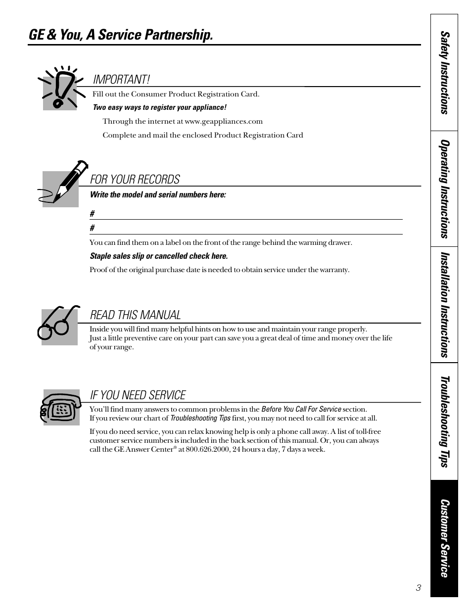 Model and serial number location, Model and serial number, Location | Ge & you, a service partnership, For your records, Read this manual if you need service, Important | GE JGB910 User Manual | Page 3 / 60