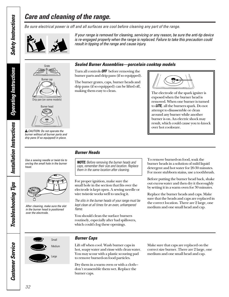 Burner assembly, Burner assembly , 33, Care and cleaning of the range | GE JGB910 User Manual | Page 32 / 60
