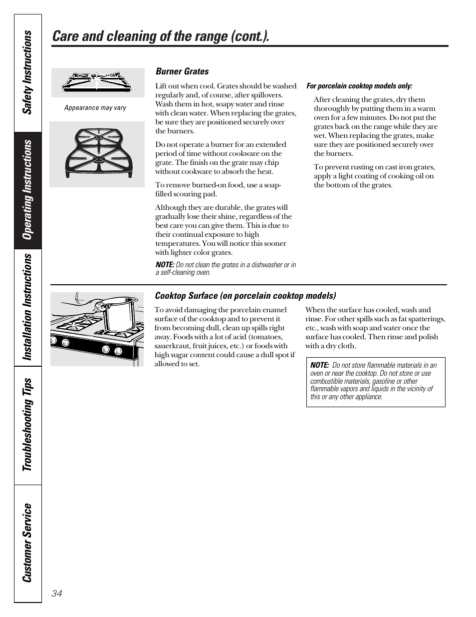 Burner grates, Cooktop, Porcelain | Cooktop –35, Care and cleaning of the range (cont.) | GE JGB910 User Manual | Page 34 / 60