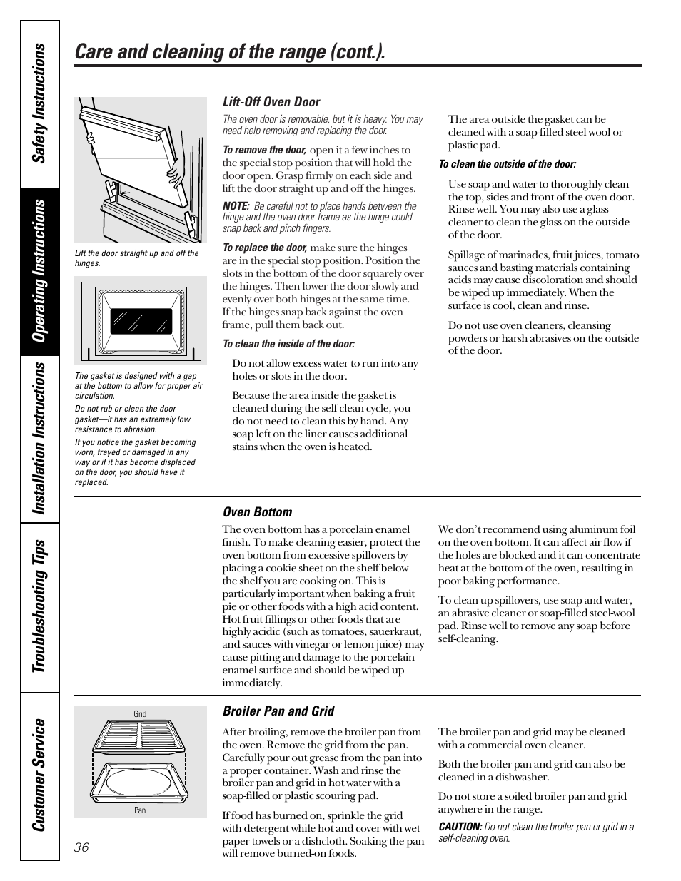 Broiler pan and grid, Door removal, Oven bottom | Door removal oven bottom, Care and cleaning of the range (cont.) | GE JGB910 User Manual | Page 36 / 60