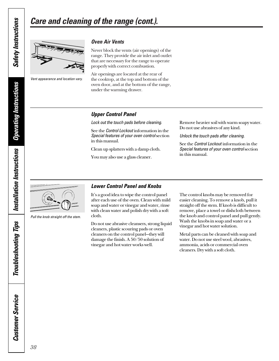 Control panel, Oven vents, Care and cleaning of the range (cont.) | GE JGB910 User Manual | Page 38 / 60