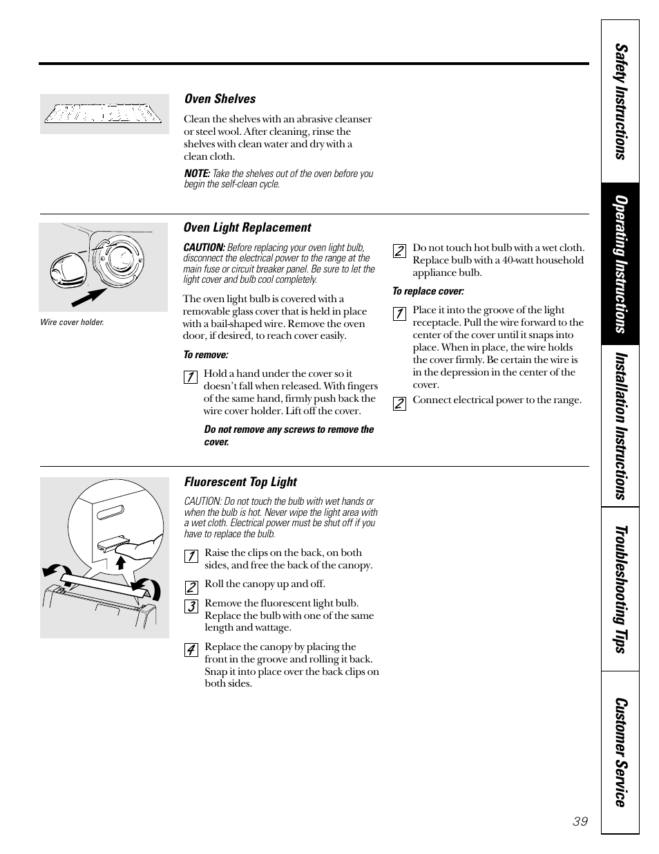 Light bulb replacement, Shelves, Top light | Shelves top light | GE JGB910 User Manual | Page 39 / 60