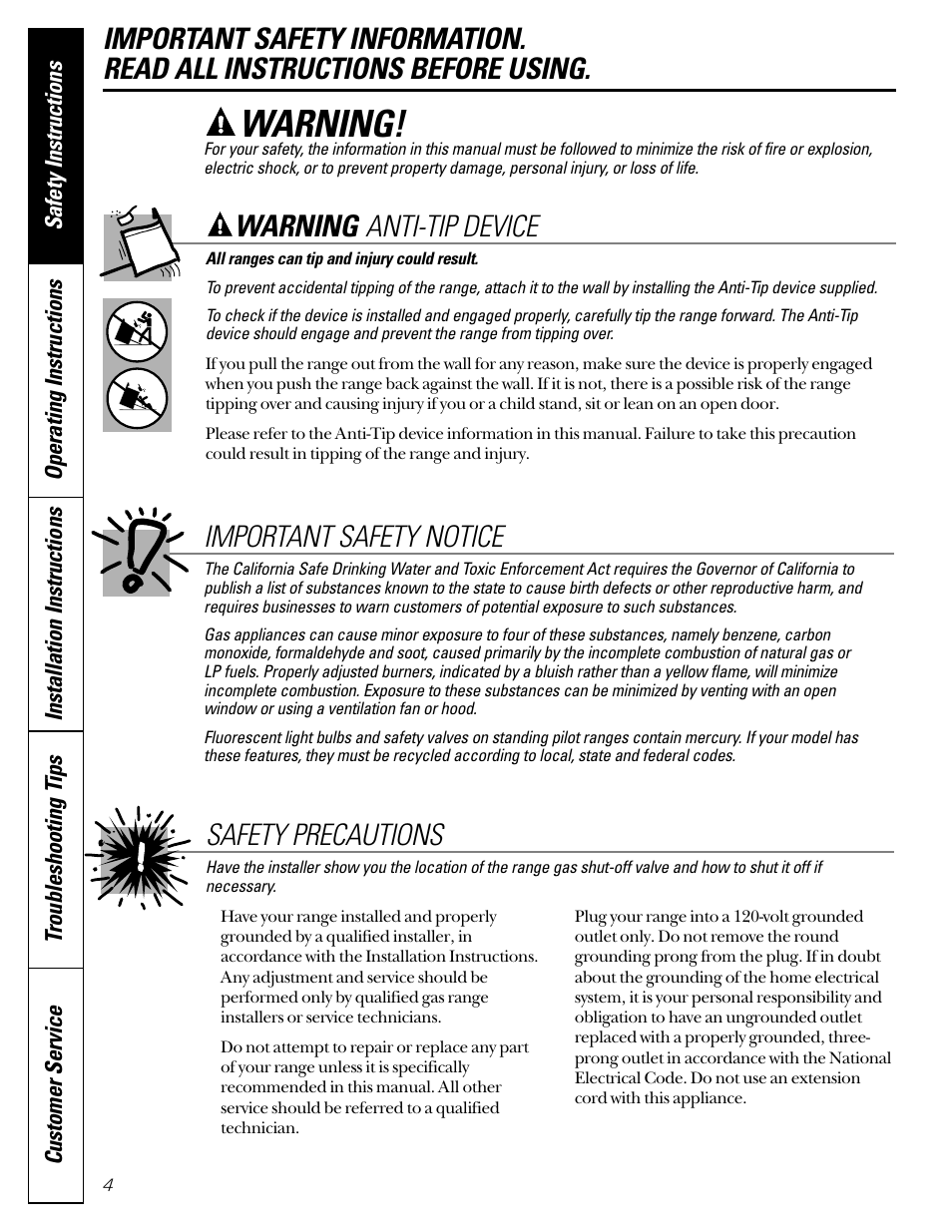 Anti-tip device, Anti-tip device , 43, 51, Warning | Warning anti-tip device, Safety precautions important safety notice | GE JGB910 User Manual | Page 4 / 60